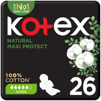 Kotex Natural Maxi Protect Thick Pads, 100% Cotton Pad, Super Size with Wings, 26 Sanitary Pads