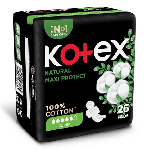 Kotex Natural Ultra Thin Pads, 100% Cotton Pad, Overnight Protection Sanitary Pads with Wings, 14 Sanitary Pads