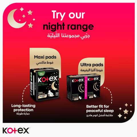 Kotex Natural Ultra Thin Pads, 100% Cotton Pad, Overnight Protection Sanitary Pads with Wings, 14 Sanitary Pads