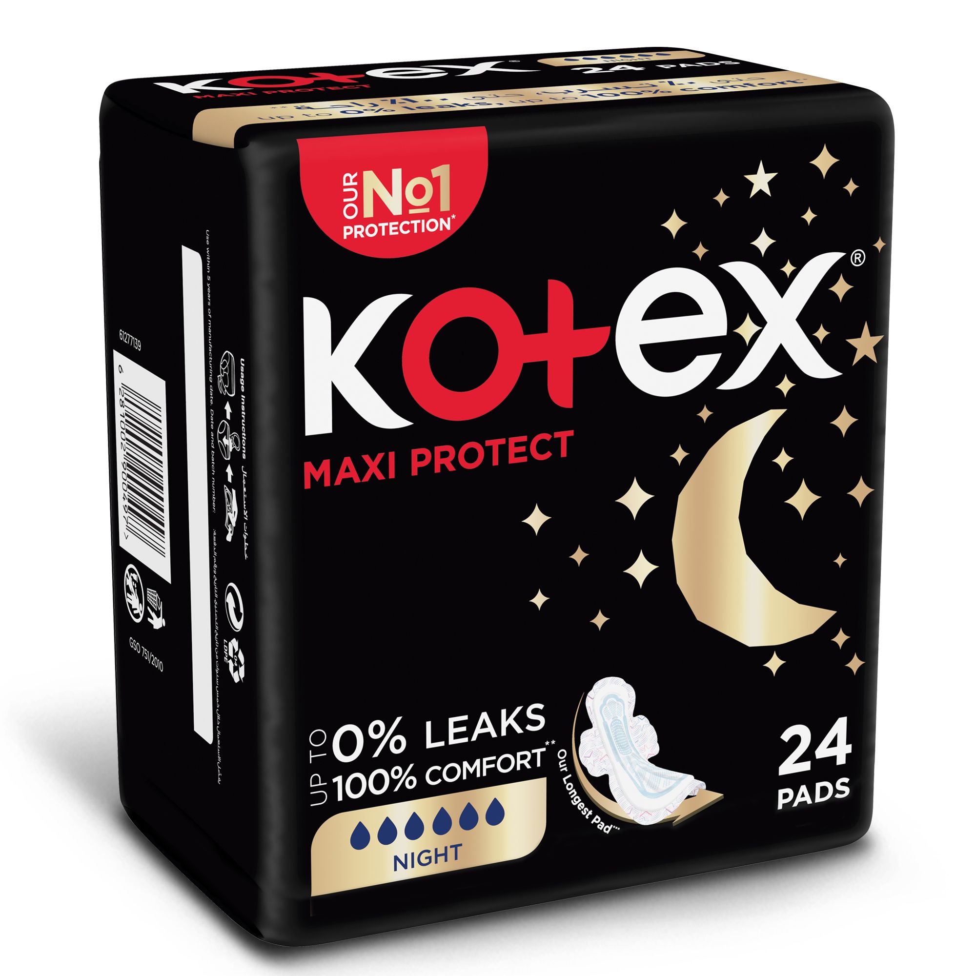 Kotex Maxi Protect Thick Pads, Overnight Protection Sanitary Pads with Wings, 24 Sanitary Pads