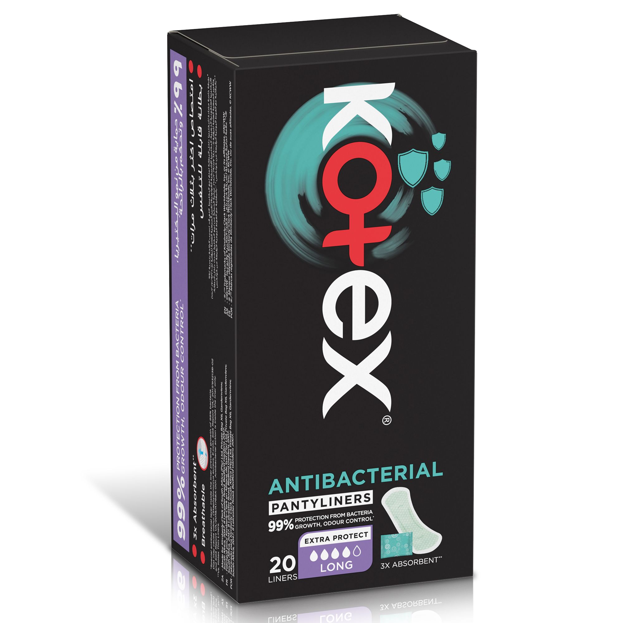 Kotex Antibacterial Panty Liners, 99% Protection from Bacteria Growth, Long Size, 20 Daily Panty Liners