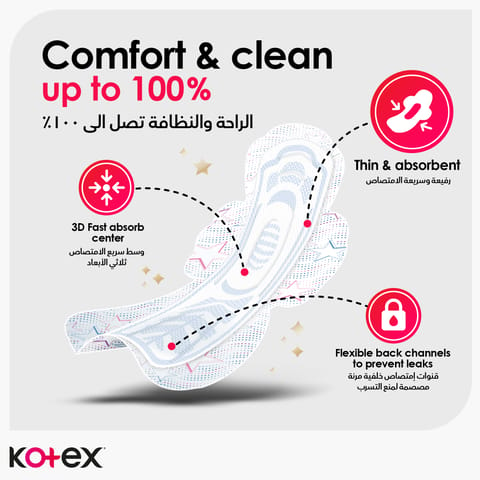 Kotex Natural Ultra Thin Pads, 100% Cotton Pad, Overnight Protection Sanitary Pads with Wings, 14 Sanitary Pads