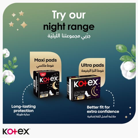 Kotex Natural Ultra Thin Pads, 100% Cotton Pad, Overnight Protection Sanitary Pads with Wings, 14 Sanitary Pads