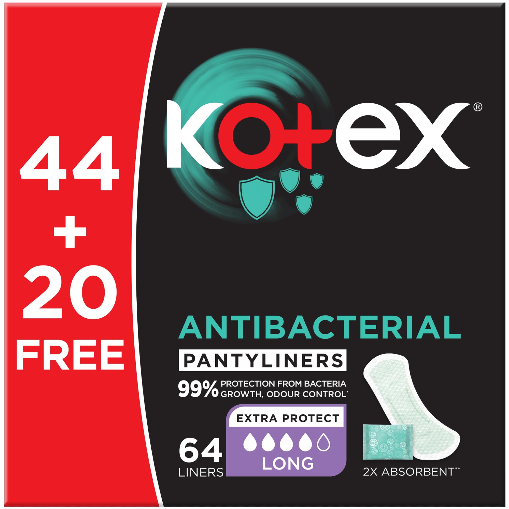 Kotex Liners Long AntiBacterial Pr 44+20
